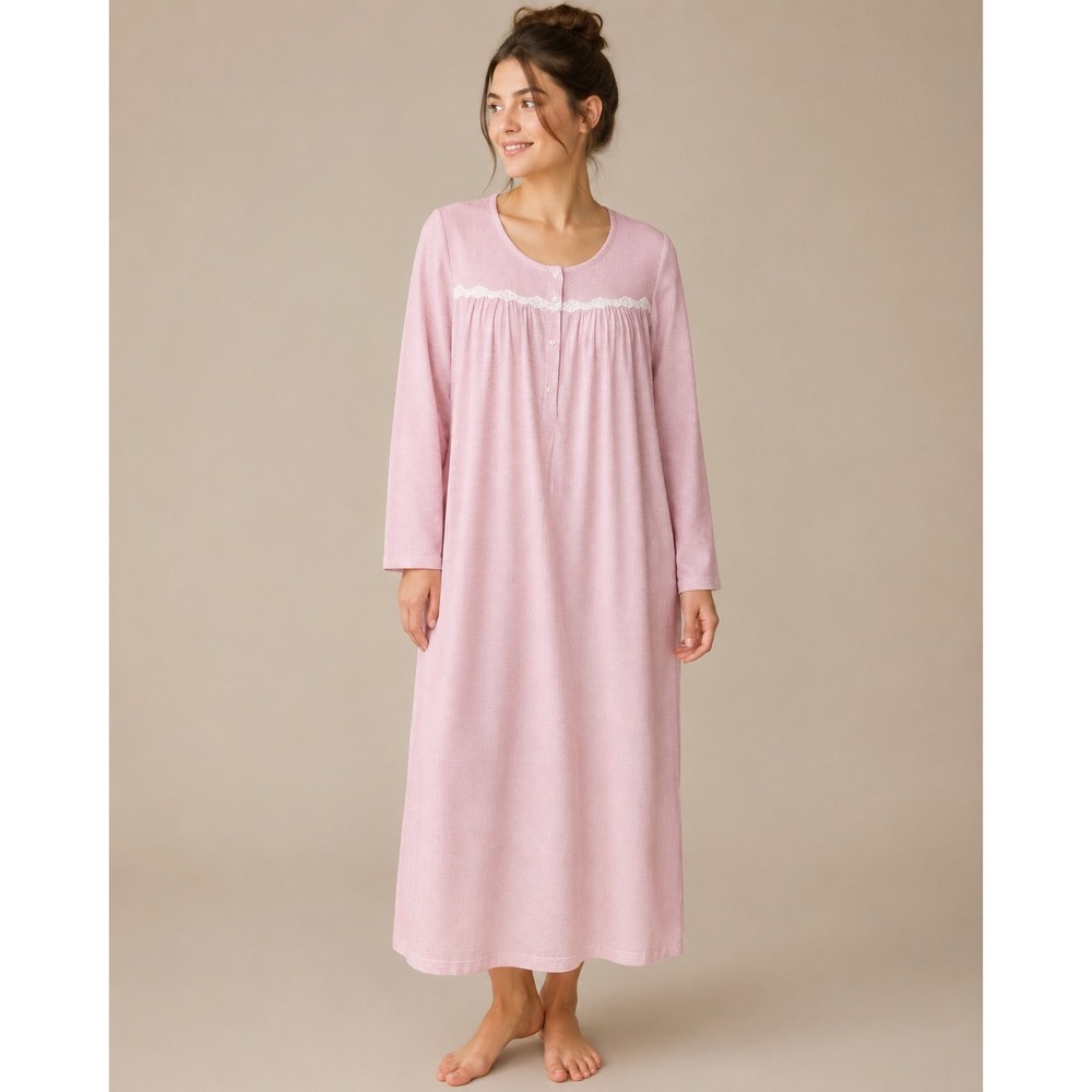 Vintage Miss Elaine Classics Pink Gingham Floral Lace Cotton Nightgown Size M